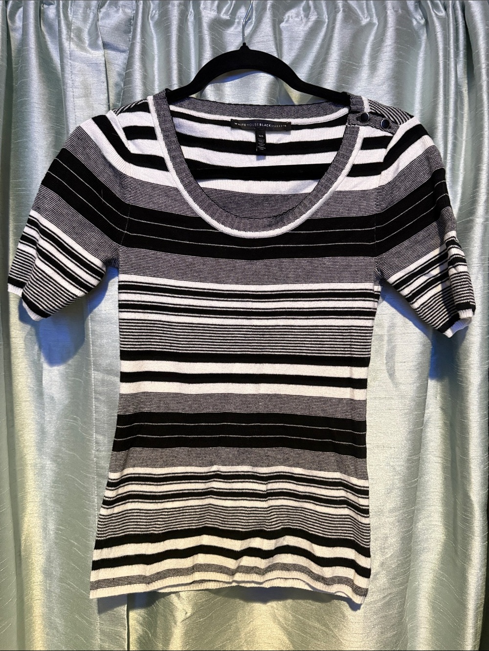 White House Black Market Black, White & Gray Striped Short Sleeve Top